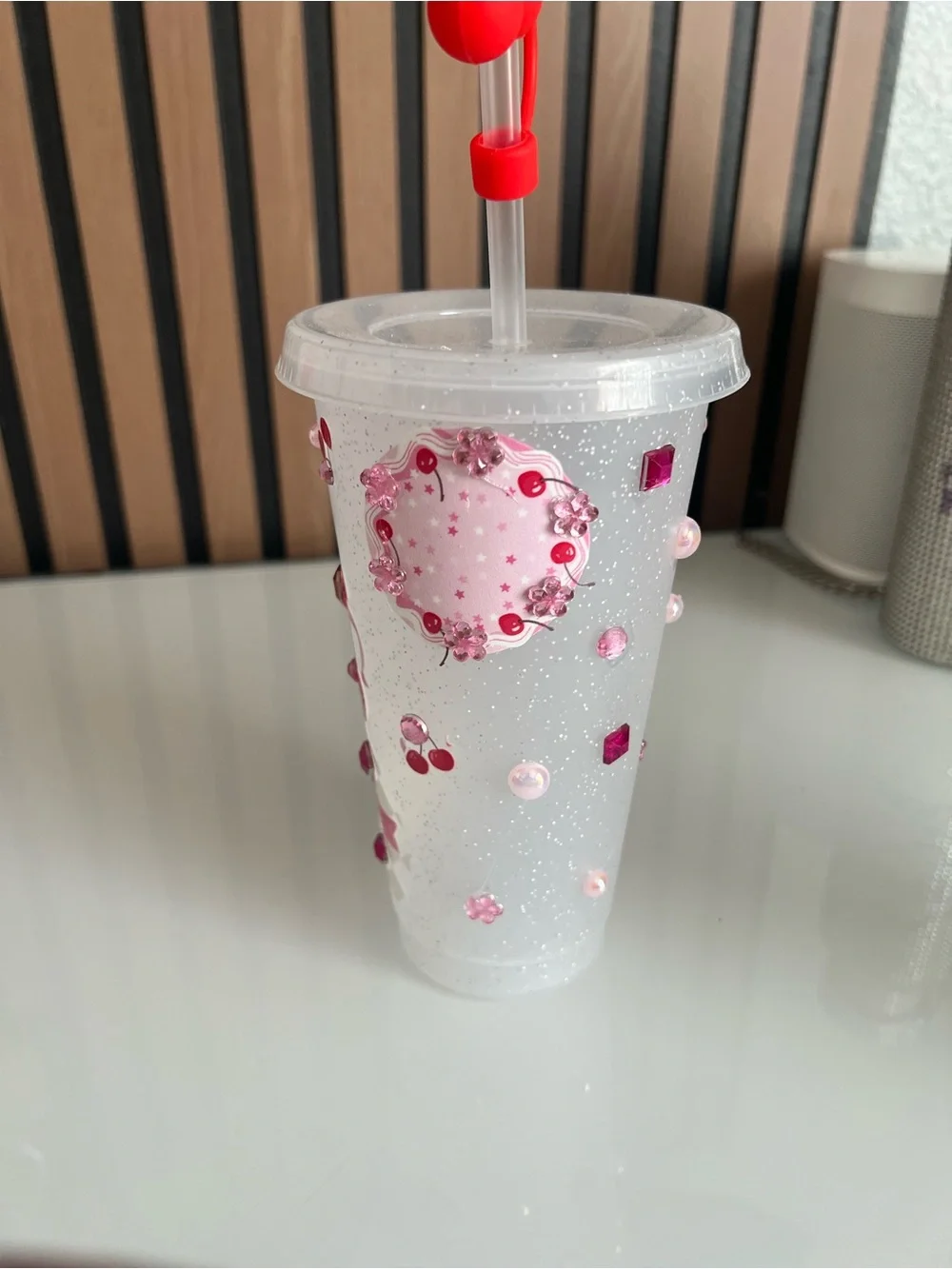 Pink Cherry Silicone Straw Tumbler Cup with Straw Charm